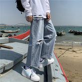 Men Jeans Ripped Jeans Men's Summer Vintage Straight Loose Wide Leg Pants